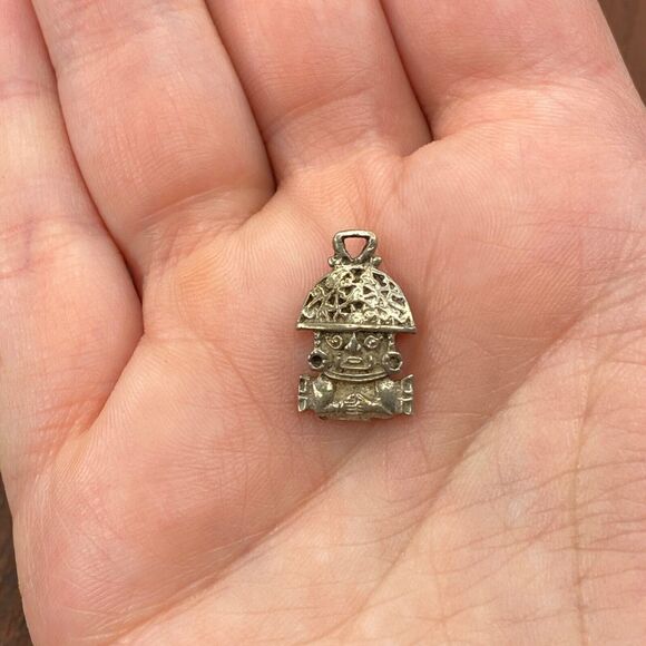 Vintage 925 Sterling Silver Peru Tumi Face Good Luck Pendant Bracelet Charm - Picture 1 of 3